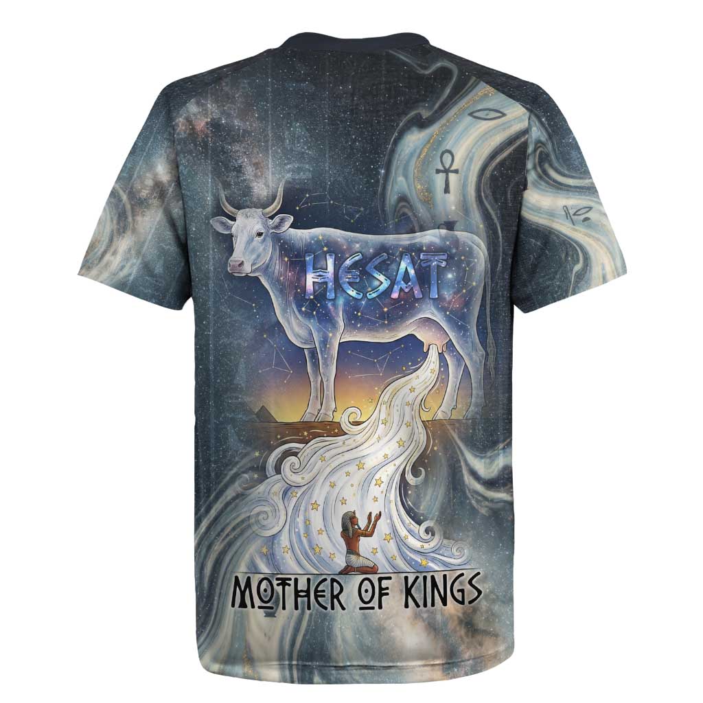 Hesat Celestial Cow Egyptian Rugby Jersey with Mythic Sky Motif in Cosmic Theme