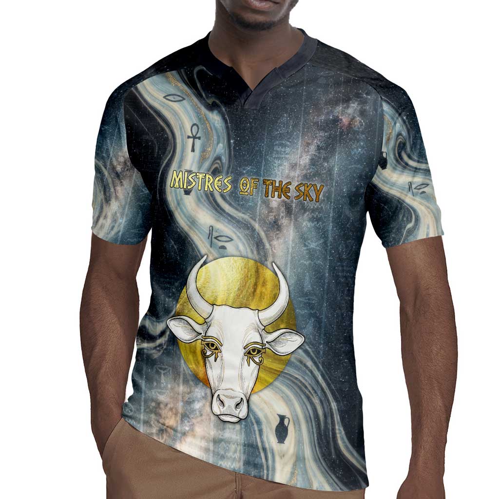 Hesat Celestial Cow Egyptian Rugby Jersey with Mythic Sky Motif in Cosmic Theme
