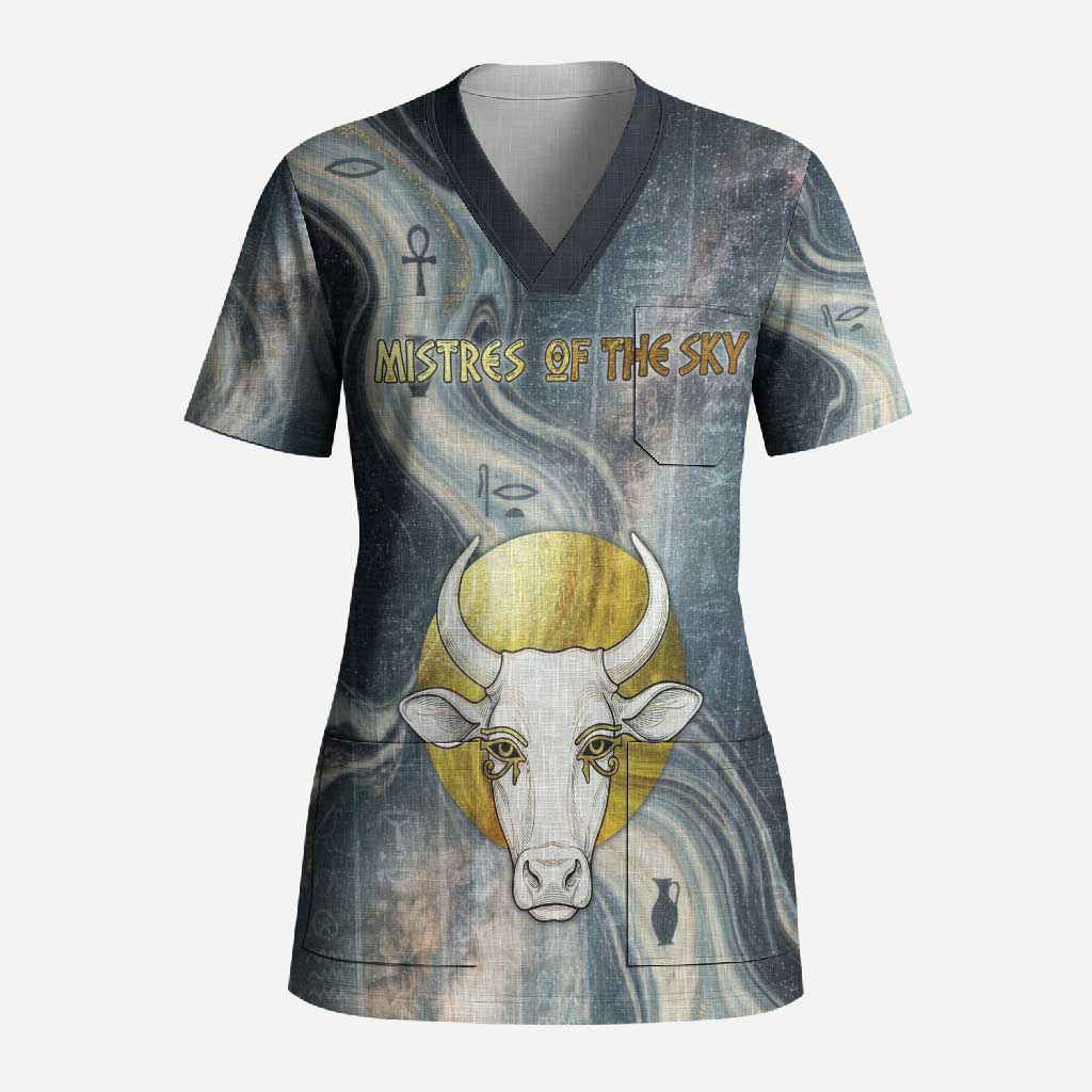 Hesat Celestial Cow Egyptian Scrub Top with Mythic Sky Motif in Cosmic Theme