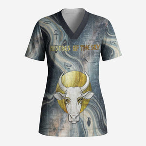 Hesat Celestial Cow Egyptian Scrub Top with Mythic Sky Motif in Cosmic Theme