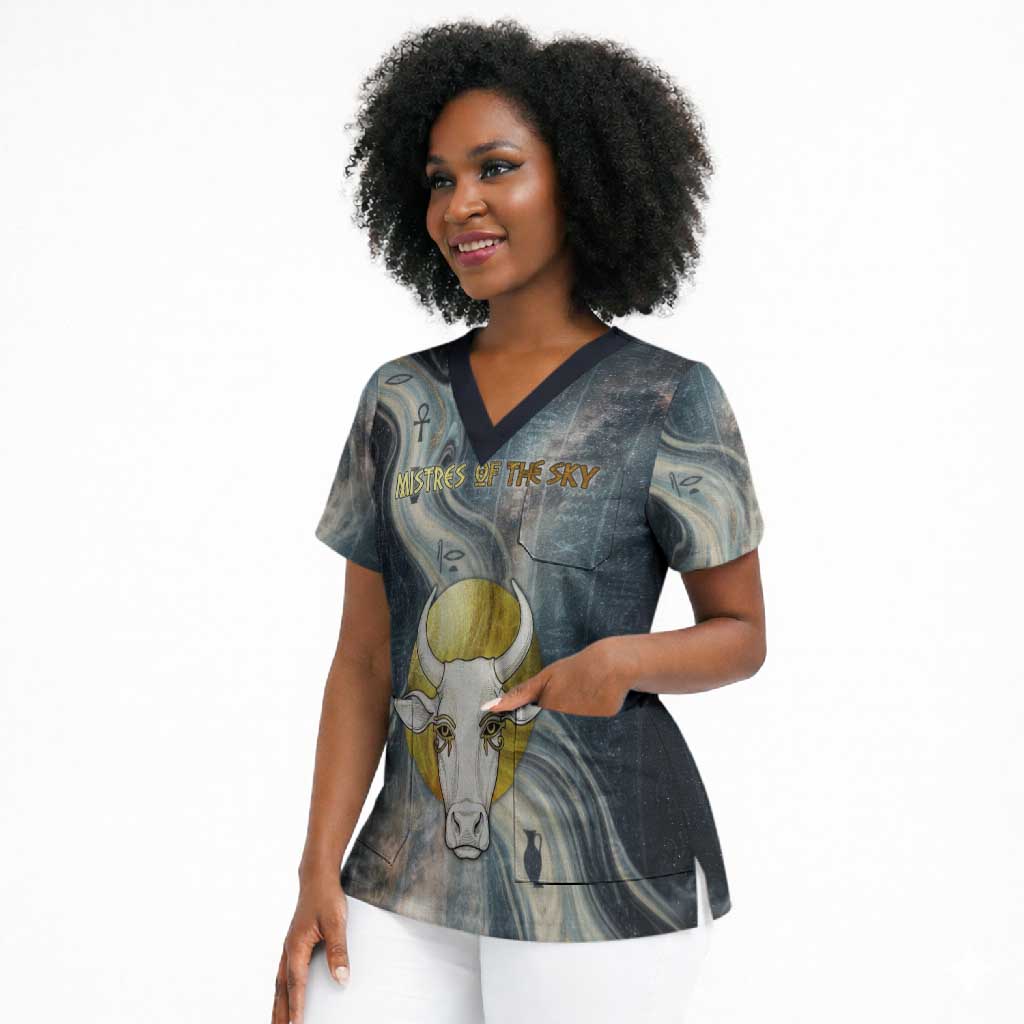 Hesat Celestial Cow Egyptian Scrub Top with Mythic Sky Motif in Cosmic Theme