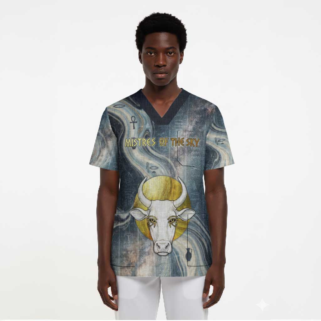 Hesat Celestial Cow Egyptian Scrub Top with Mythic Sky Motif in Cosmic Theme