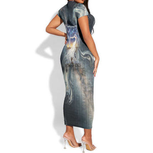 Hesat Celestial Cow Egyptian Short Sleeve Bodycon Dress with Mythic Sky Motif in Cosmic Theme