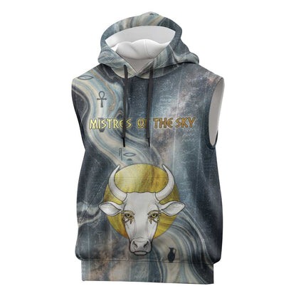Hesat Celestial Cow Egyptian Sleeveless Hoodie with Mythic Sky Motif in Cosmic Theme