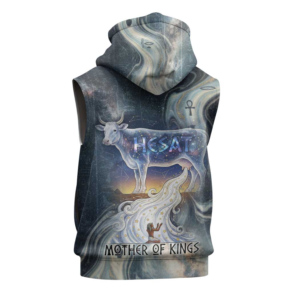 Hesat Celestial Cow Egyptian Sleeveless Hoodie with Mythic Sky Motif in Cosmic Theme