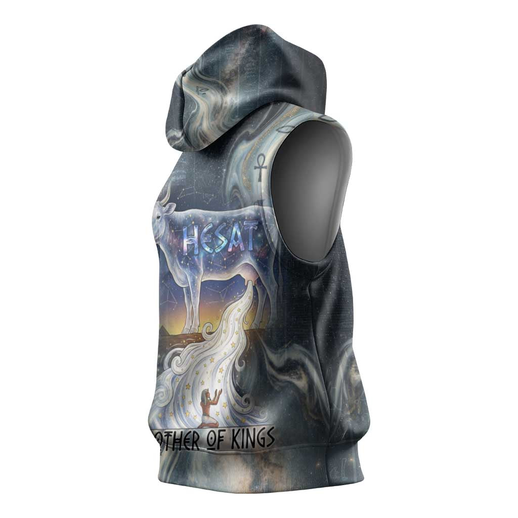 Hesat Celestial Cow Egyptian Sleeveless Hoodie with Mythic Sky Motif in Cosmic Theme