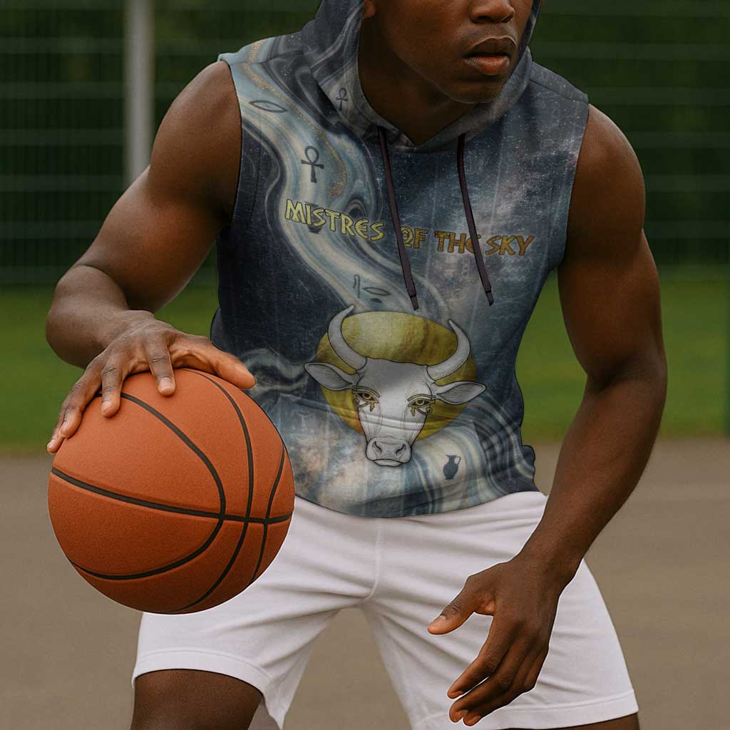 Hesat Celestial Cow Egyptian Sleeveless Hoodie with Mythic Sky Motif in Cosmic Theme