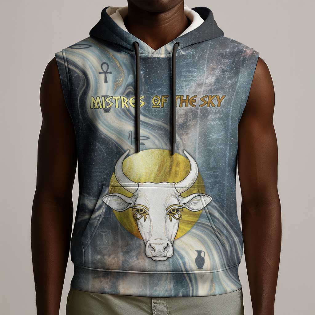 Hesat Celestial Cow Egyptian Sleeveless Hoodie with Mythic Sky Motif in Cosmic Theme