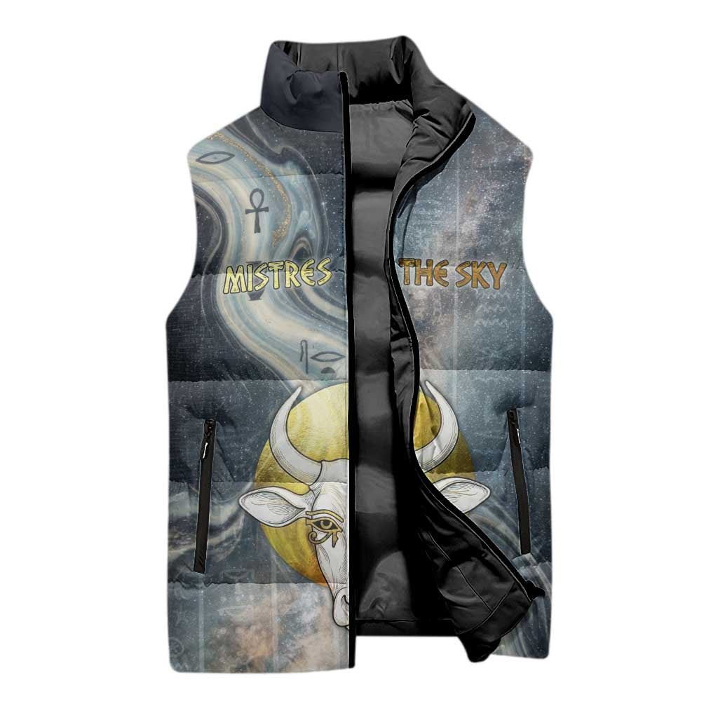 Hesat Celestial Cow Egyptian Sleeveless Puffer Jacket with Mythic Sky Motif in Cosmic Theme
