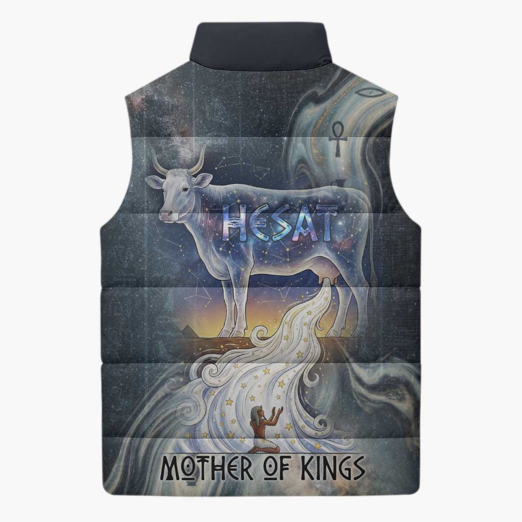 Hesat Celestial Cow Egyptian Sleeveless Puffer Jacket with Mythic Sky Motif in Cosmic Theme