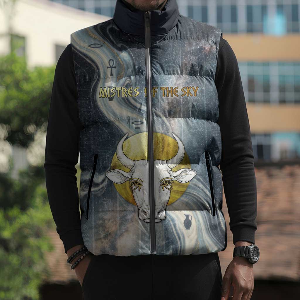 Hesat Celestial Cow Egyptian Sleeveless Puffer Jacket with Mythic Sky Motif in Cosmic Theme
