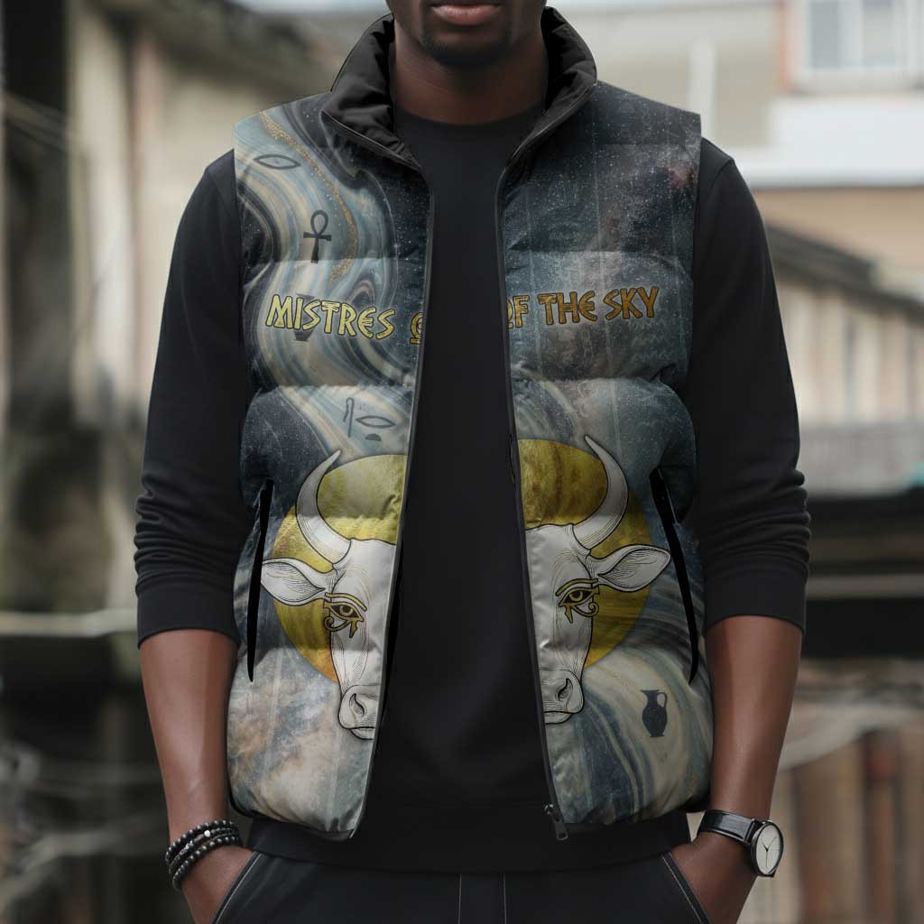 Hesat Celestial Cow Egyptian Sleeveless Puffer Jacket with Mythic Sky Motif in Cosmic Theme
