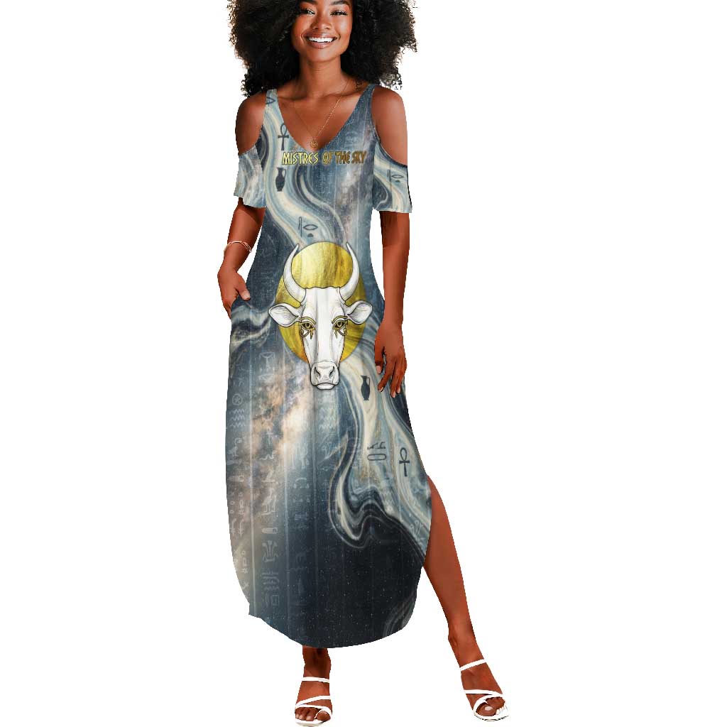 Hesat Celestial Cow Egyptian Summer Maxi Dress with Mythic Sky Motif in Cosmic Theme