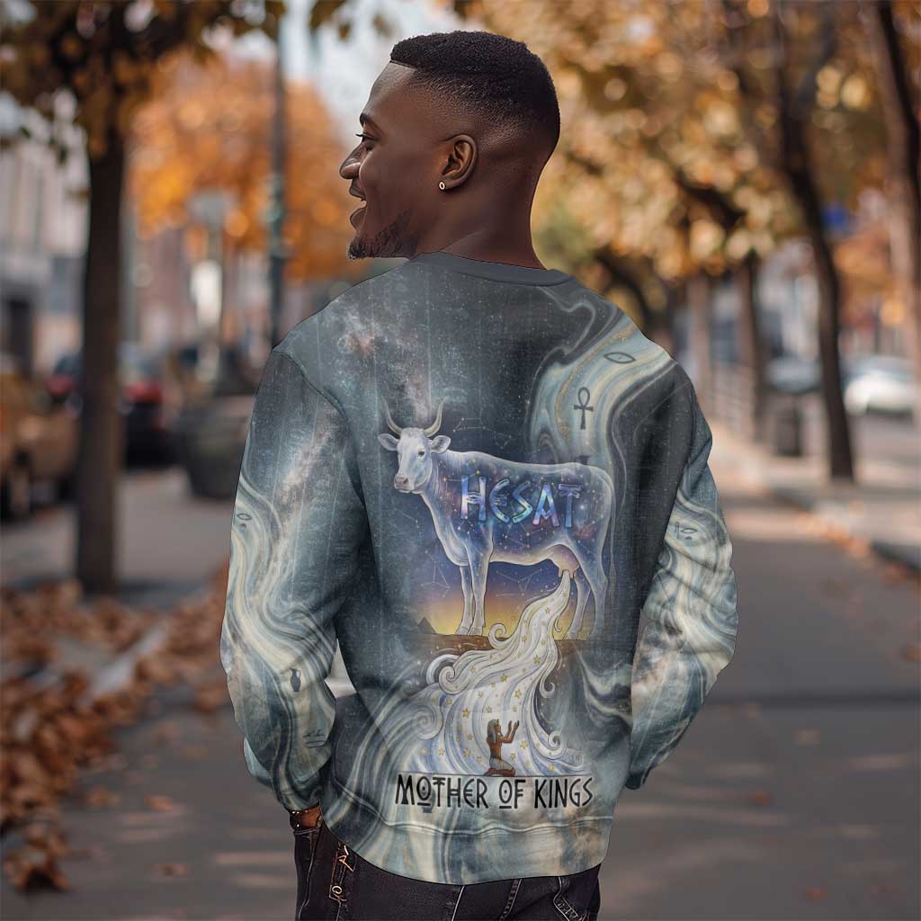 Hesat Celestial Cow Egyptian Sweatshirt with Mythic Sky Motif in Cosmic Theme