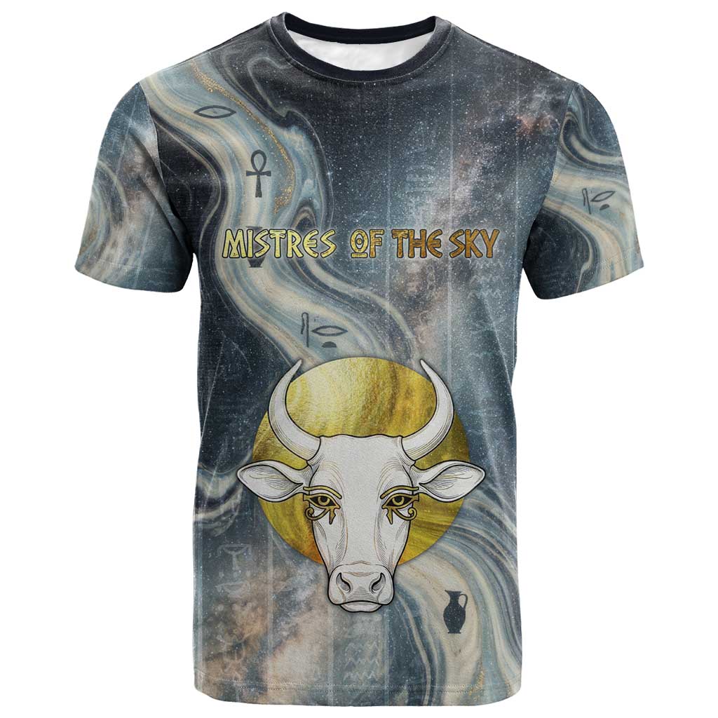 Hesat Celestial Cow Egyptian T shirt with Mythic Sky Motif in Cosmic Theme