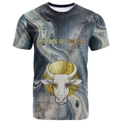 Hesat Celestial Cow Egyptian T shirt with Mythic Sky Motif in Cosmic Theme