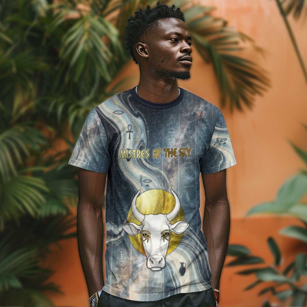 Hesat Celestial Cow Egyptian T shirt with Mythic Sky Motif in Cosmic Theme