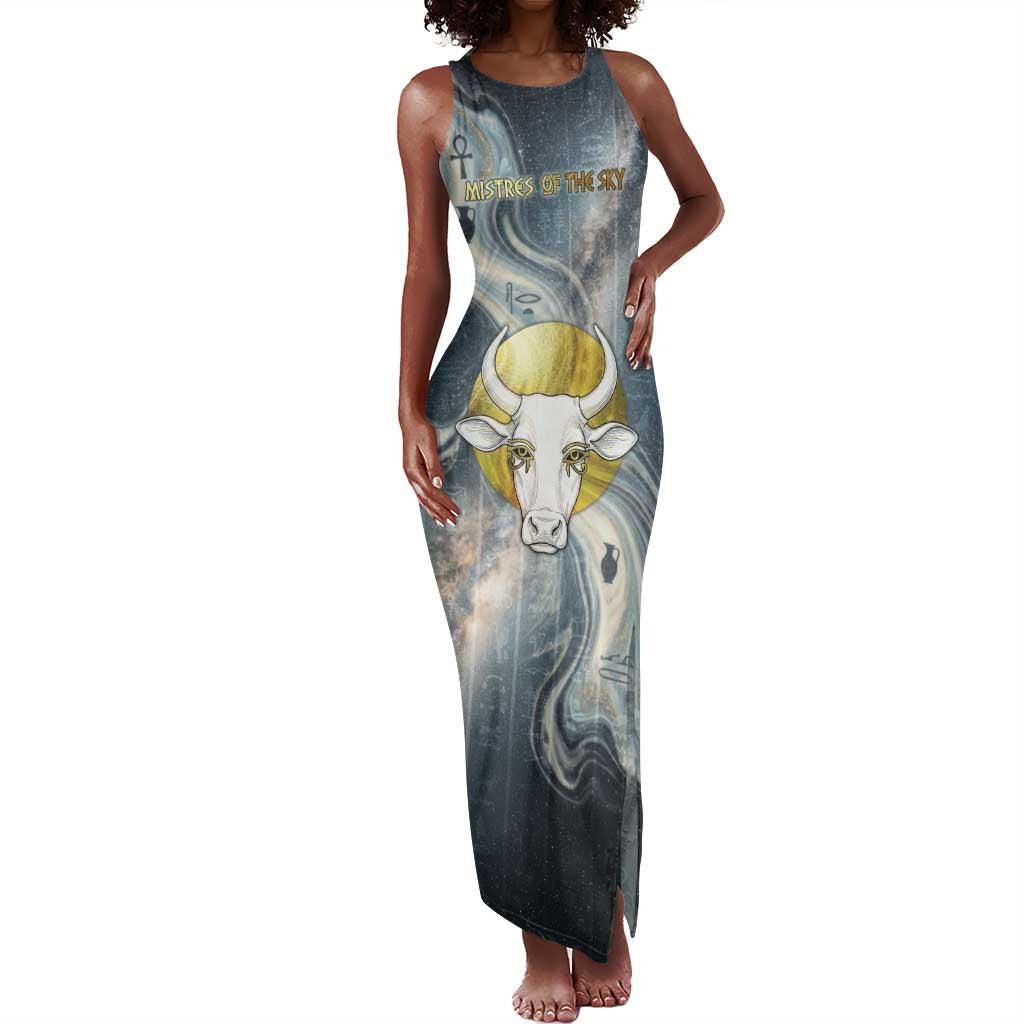 Hesat Celestial Cow Egyptian Tank Maxi Dress with Mythic Sky Motif in Cosmic Theme