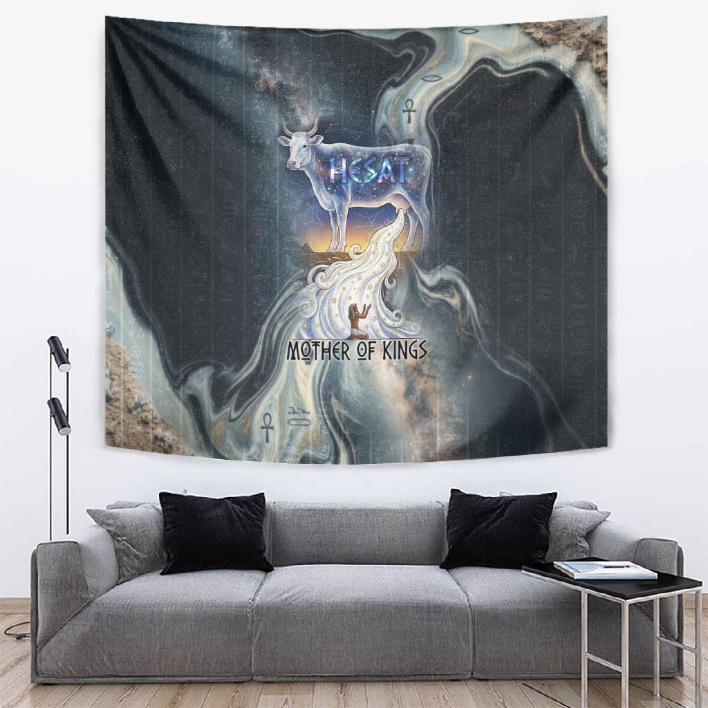 Hesat Celestial Cow Egyptian Tapestry with Mythic Sky Motif in Cosmic Theme