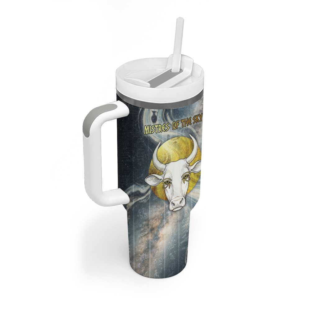 Hesat Celestial Cow Egyptian Tumbler With Handle with Mythic Sky Motif in Cosmic Theme