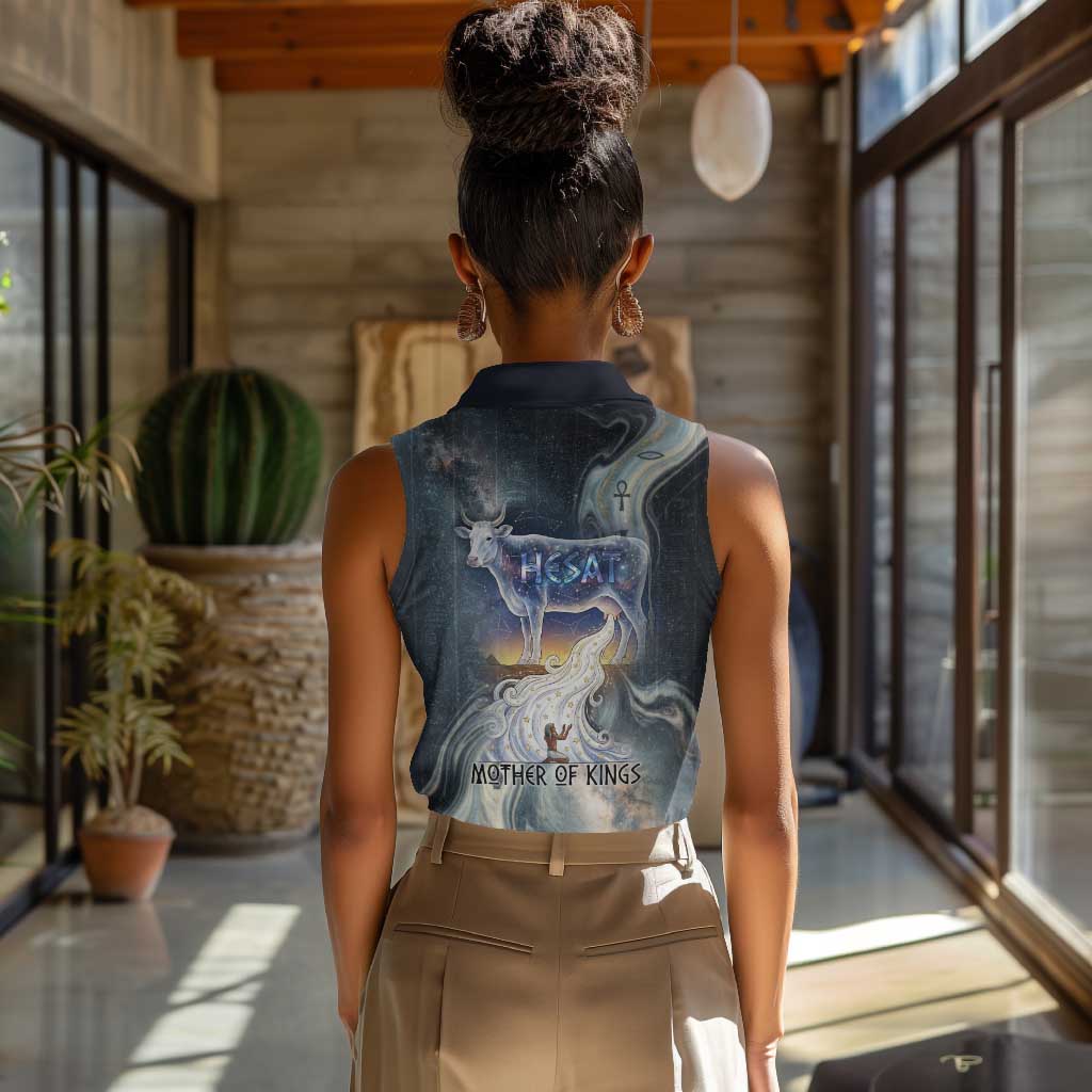 Hesat Celestial Cow Egyptian Women Sleeveless Polo Shirt with Mythic Sky Motif in Cosmic Theme