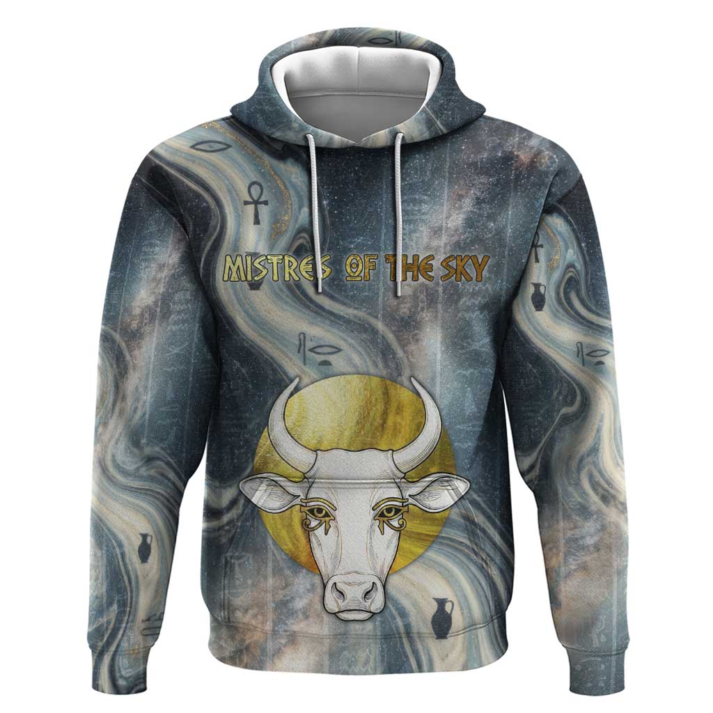 Hesat Celestial Cow Egyptian Zip Hoodie with Mythic Sky Motif in Cosmic Theme