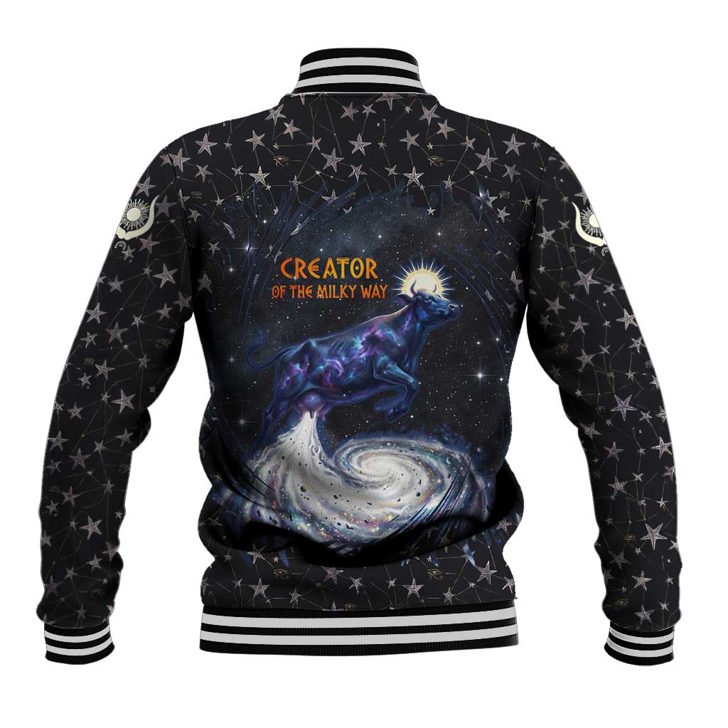 Hesat Solar Horn Symbol Baseball Jacket Egyptian Cosmic Cow in Starry Milky Way