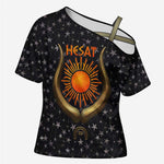 Hesat Solar Horn Symbol Cross Shoulder Shirt Egyptian Cosmic Cow in Starry Milky Way