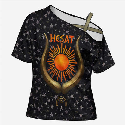 Hesat Solar Horn Symbol Cross Shoulder Shirt Egyptian Cosmic Cow in Starry Milky Way