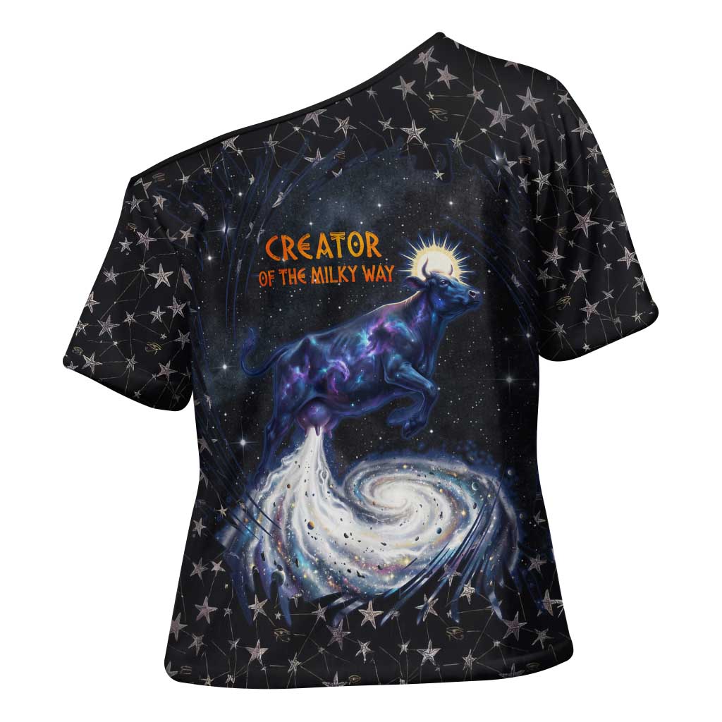 Hesat Solar Horn Symbol Cross Shoulder Shirt Egyptian Cosmic Cow in Starry Milky Way