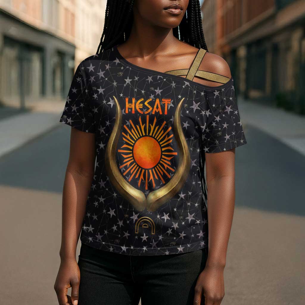 Hesat Solar Horn Symbol Cross Shoulder Shirt Egyptian Cosmic Cow in Starry Milky Way