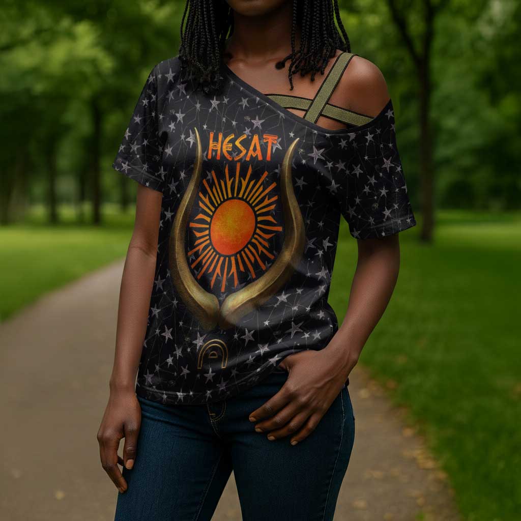 Hesat Solar Horn Symbol Cross Shoulder Shirt Egyptian Cosmic Cow in Starry Milky Way