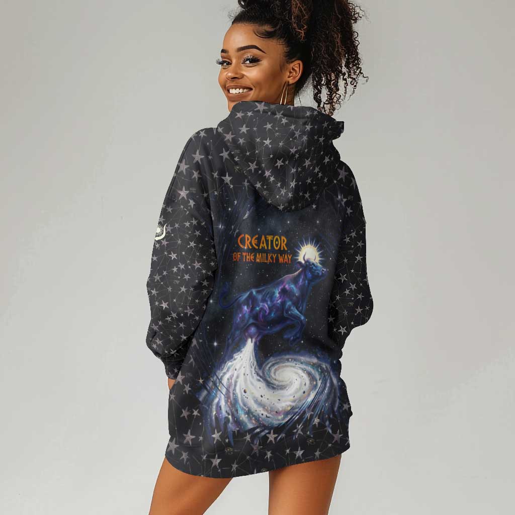 Hesat Solar Horn Symbol Hoodie Dress Egyptian Cosmic Cow in Starry Milky Way