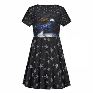 Hesat Solar Horn Symbol Kid Short Sleeve Dress Egyptian Cosmic Cow in Starry Milky Way