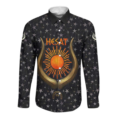 Hesat Solar Horn Symbol Long Sleeve Button Shirt Egyptian Cosmic Cow in Starry Milky Way