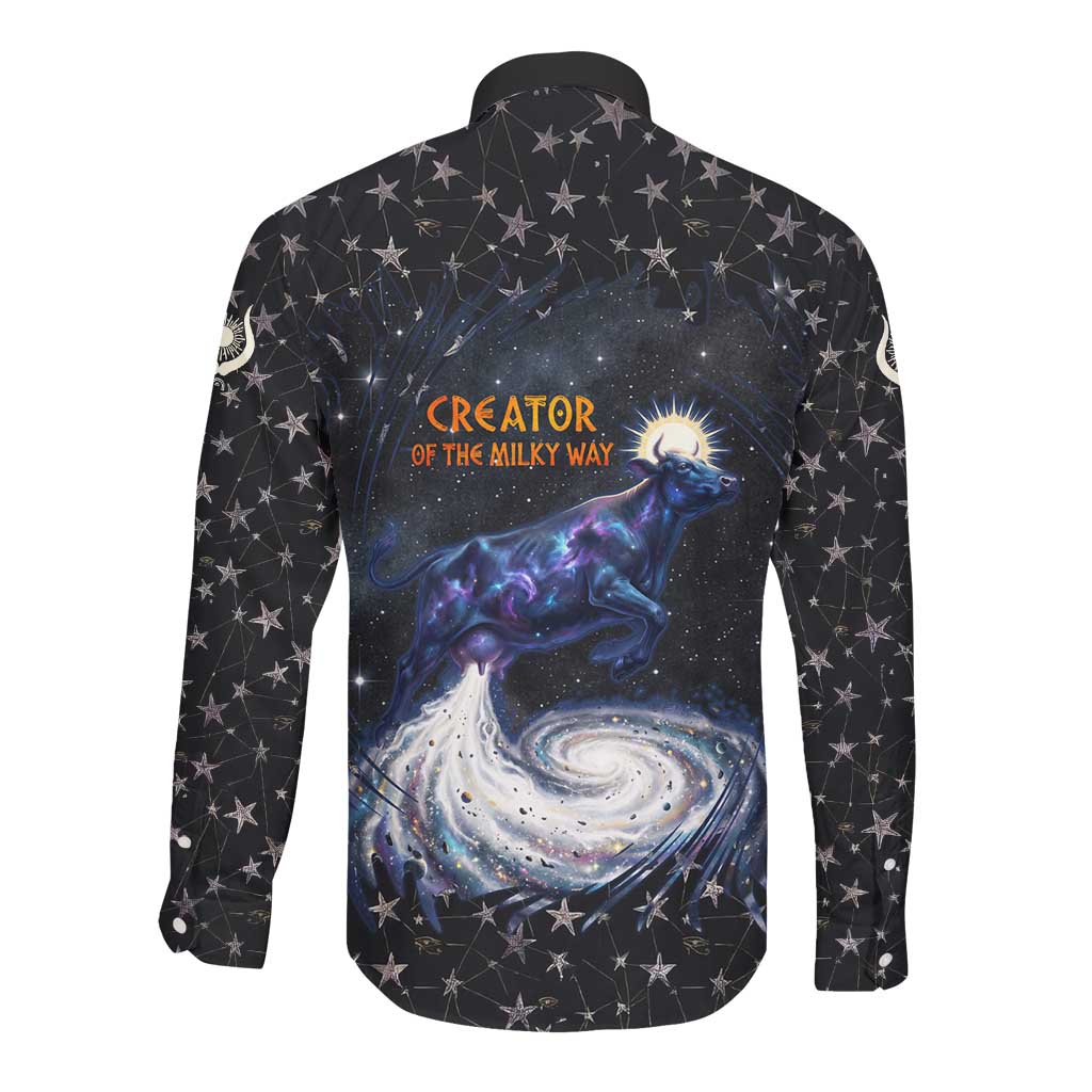 Hesat Solar Horn Symbol Long Sleeve Button Shirt Egyptian Cosmic Cow in Starry Milky Way