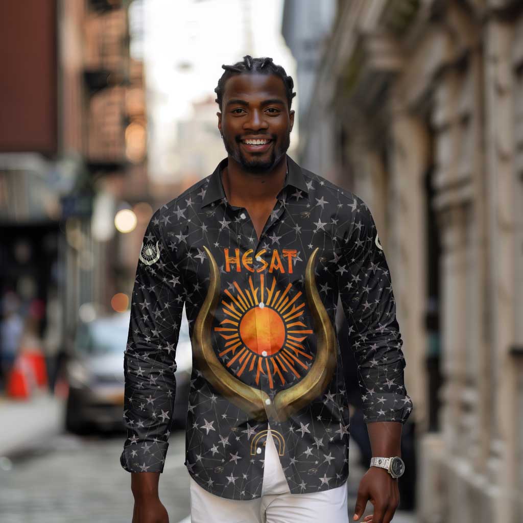 Hesat Solar Horn Symbol Long Sleeve Button Shirt Egyptian Cosmic Cow in Starry Milky Way