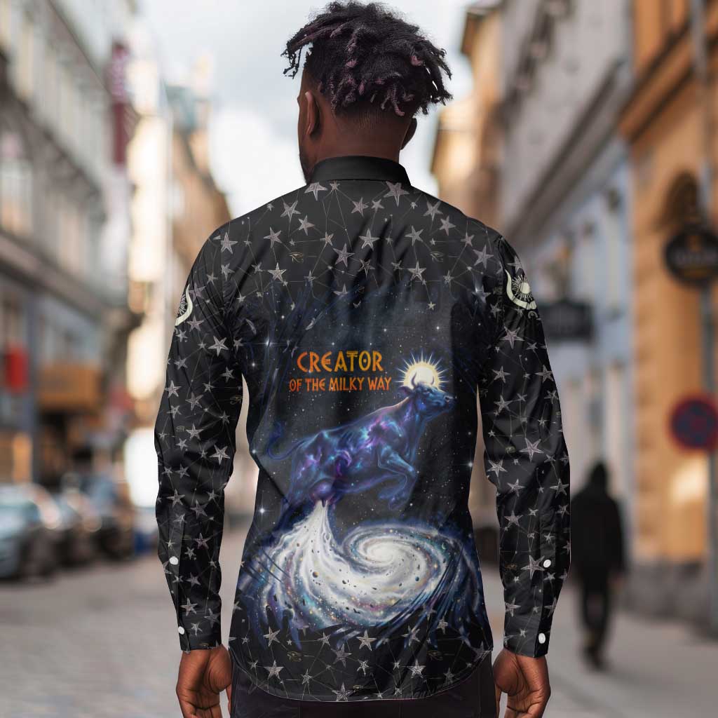 Hesat Solar Horn Symbol Long Sleeve Button Shirt Egyptian Cosmic Cow in Starry Milky Way