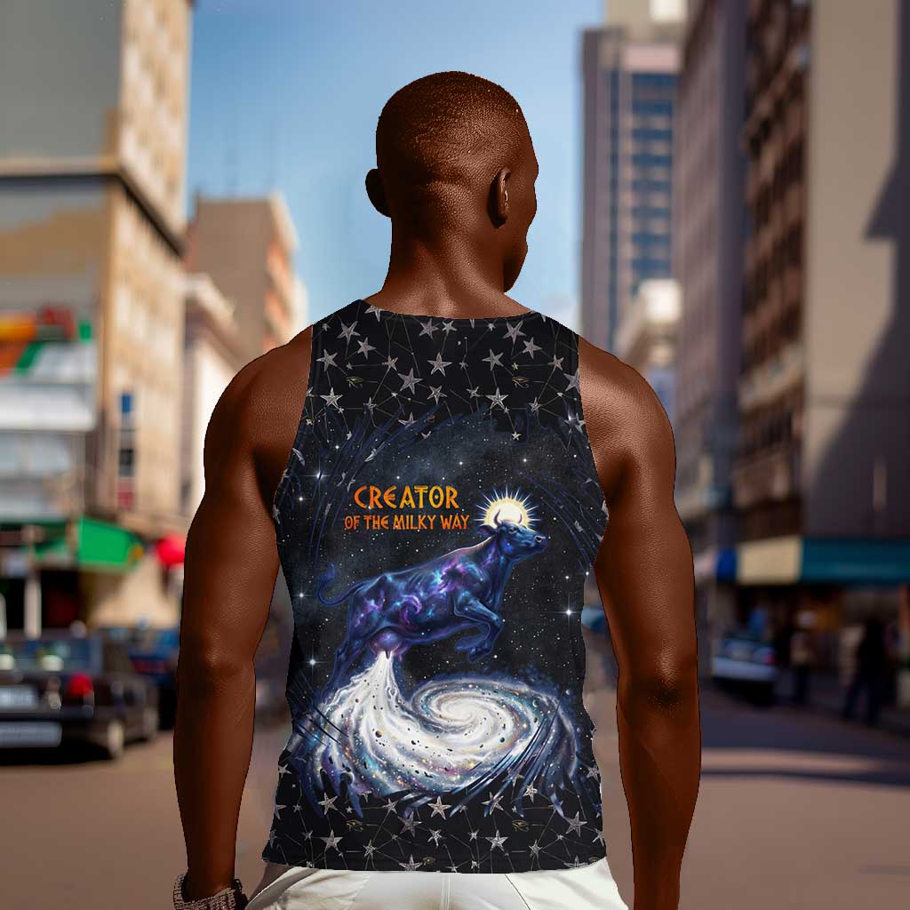 Hesat Solar Horn Symbol Men Tank Top Egyptian Cosmic Cow in Starry Milky Way