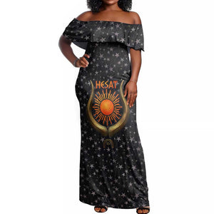 Hesat Solar Horn Symbol Off Shoulder Maxi Dress Egyptian Cosmic Cow in Starry Milky Way