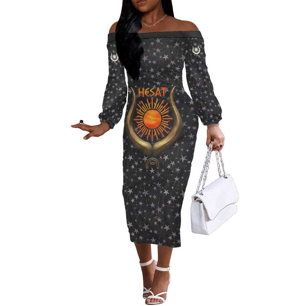 Hesat Solar Horn Symbol Off The Shoulder Long Sleeve Dress Egyptian Cosmic Cow in Starry Milky Way