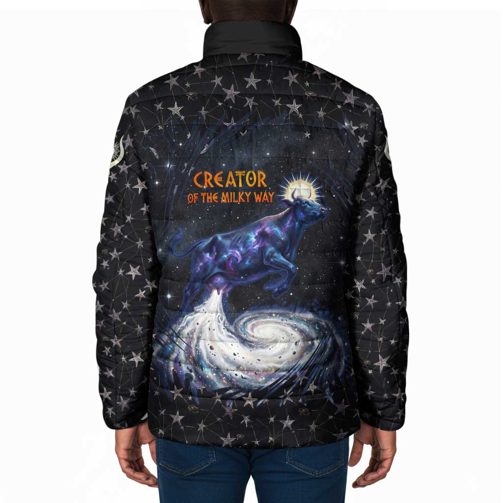 Hesat Solar Horn Symbol Padded Jacket Egyptian Cosmic Cow in Starry Milky Way