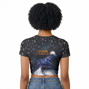 Hesat Solar Horn Symbol Raglan Cropped T shirt Egyptian Cosmic Cow in Starry Milky Way