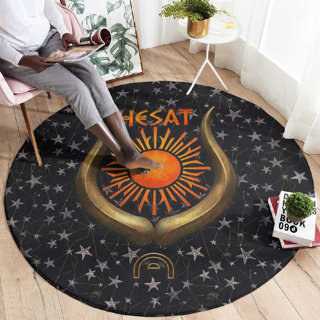 Hesat Solar Horn Symbol Round Carpet Egyptian Cosmic Cow in Starry Milky Way