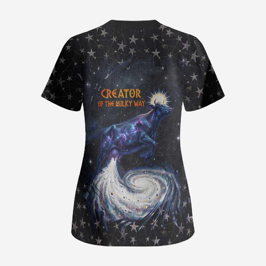 Hesat Solar Horn Symbol Scrub Top Egyptian Cosmic Cow in Starry Milky Way