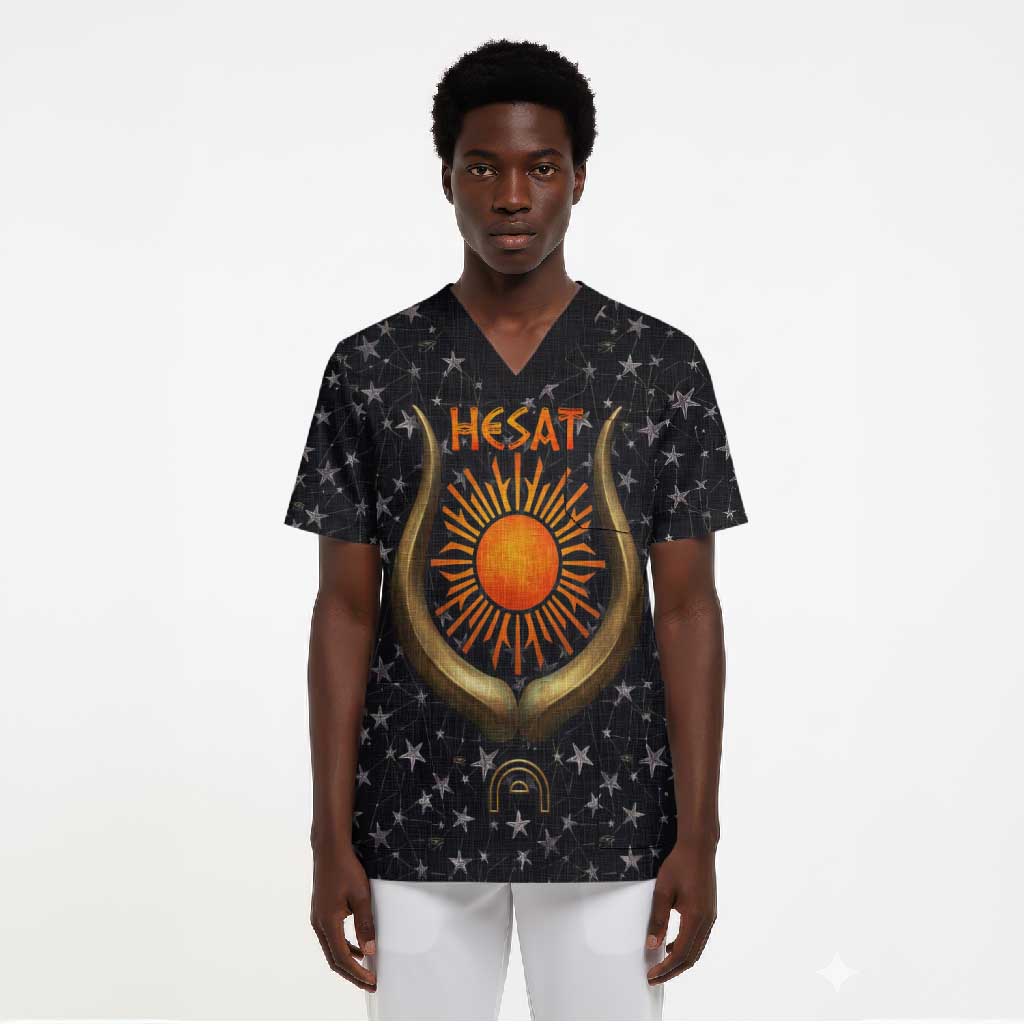 Hesat Solar Horn Symbol Scrub Top Egyptian Cosmic Cow in Starry Milky Way
