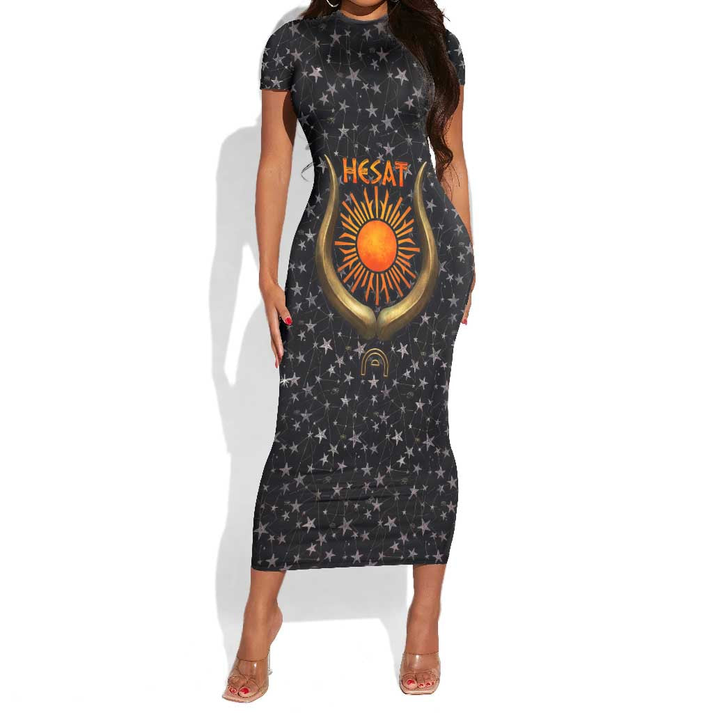Hesat Solar Horn Symbol Short Sleeve Bodycon Dress Egyptian Cosmic Cow in Starry Milky Way