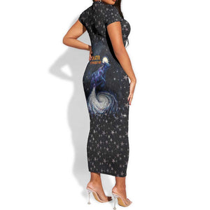 Hesat Solar Horn Symbol Short Sleeve Bodycon Dress Egyptian Cosmic Cow in Starry Milky Way