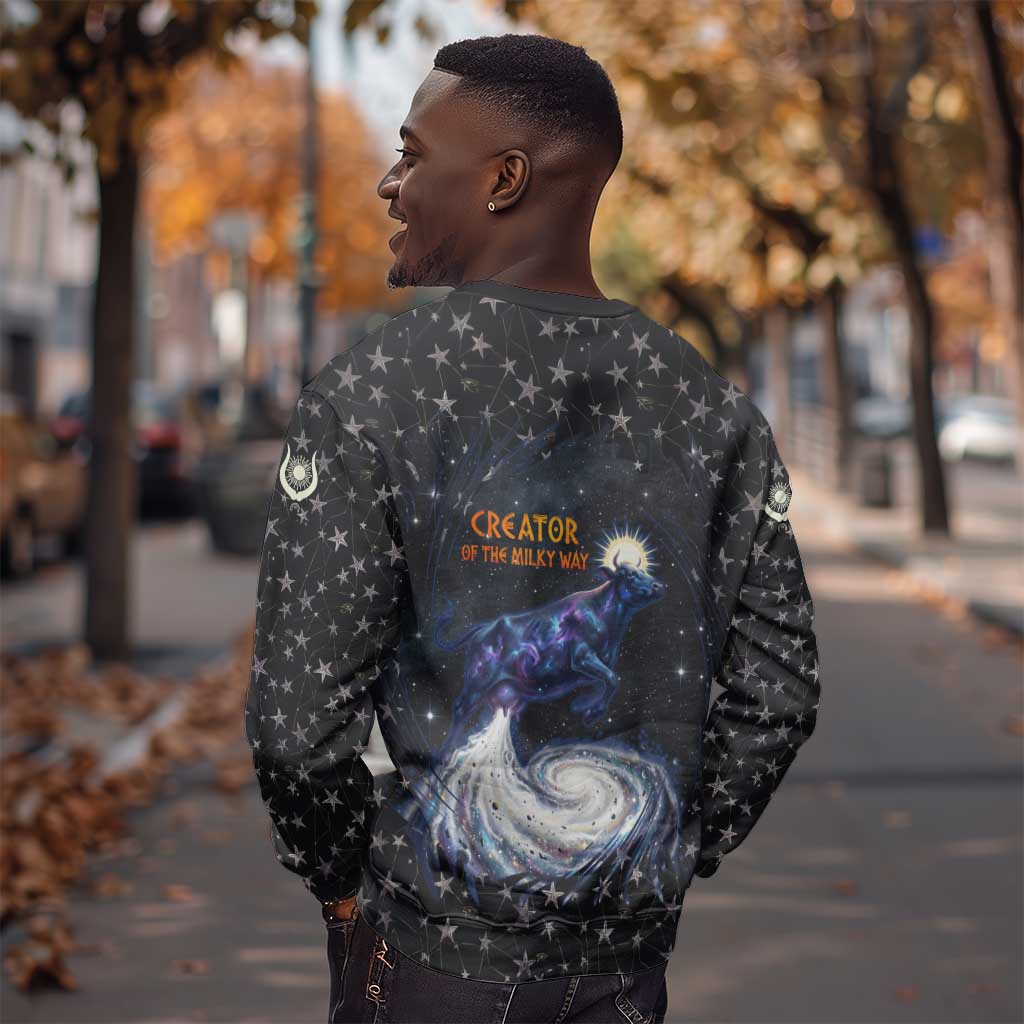 Hesat Solar Horn Symbol Sweatshirt Egyptian Cosmic Cow in Starry Milky Way
