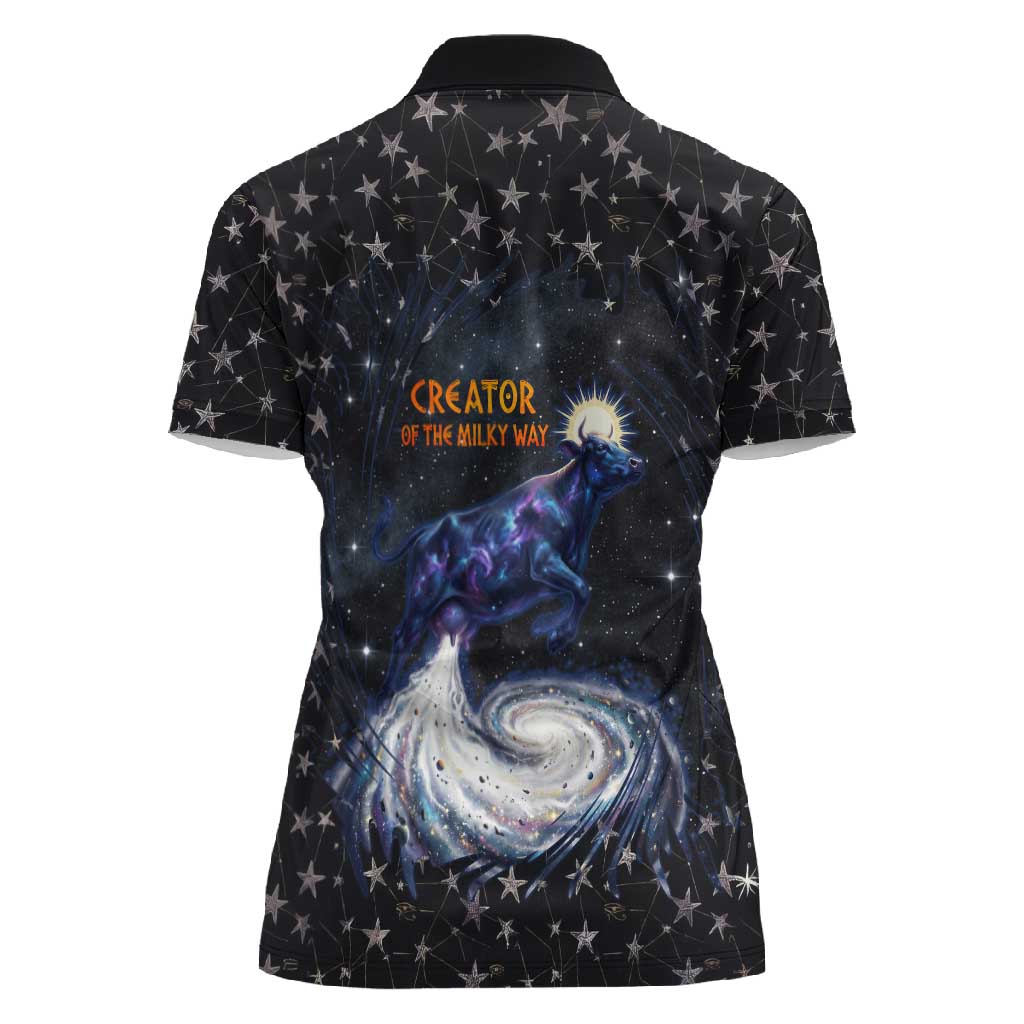 Hesat Solar Horn Symbol Women Polo Shirt Egyptian Cosmic Cow in Starry Milky Way